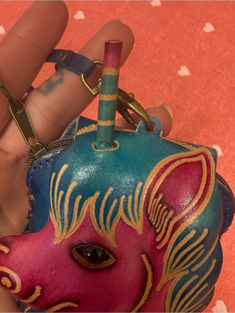 Hand made and embossed leather unicorn wristlet - Picture 6 of 17